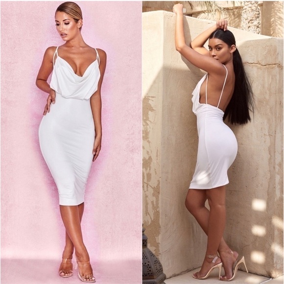 HOUSE OF CB Samara White Cowl Front Draped Jersey Dress - Picture 1 of 8